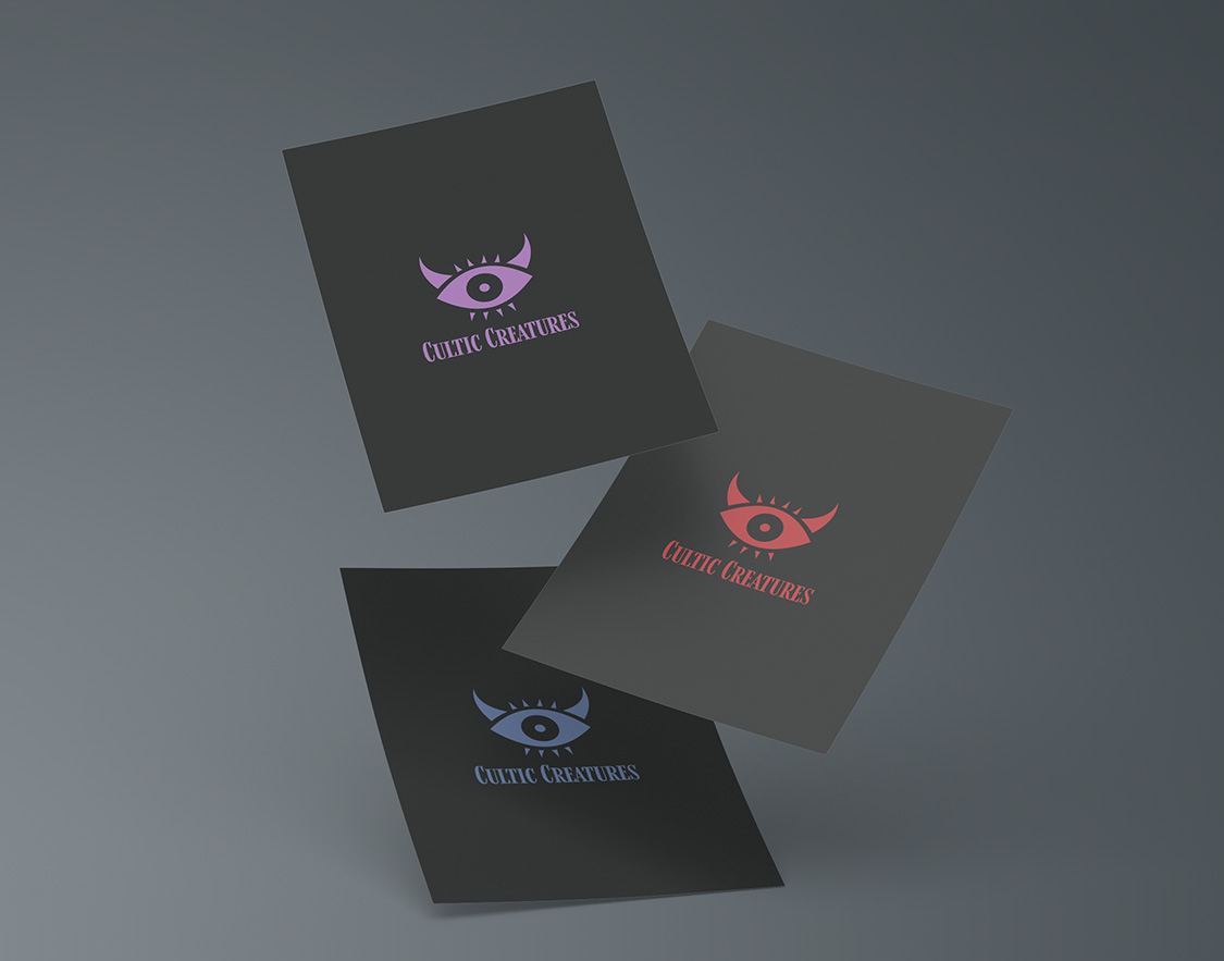 Mockup of the back of the 3 Cultic Creatures cards floating