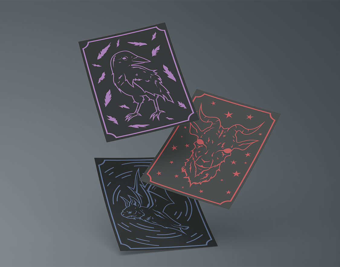 Mockup of the front of the 3 Cultic Creatures cards floating