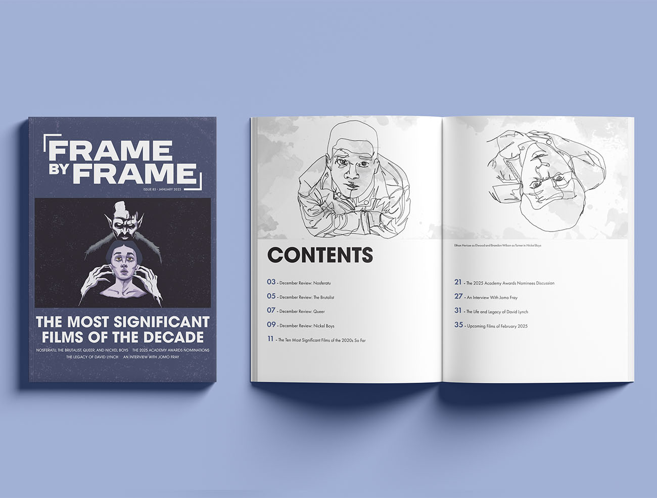 The cover for Frame by Frame and the contents spread