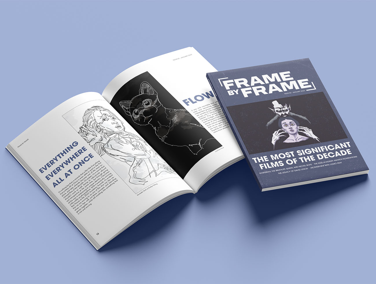 The cover for Frame by Frame ontop of a magazine spread