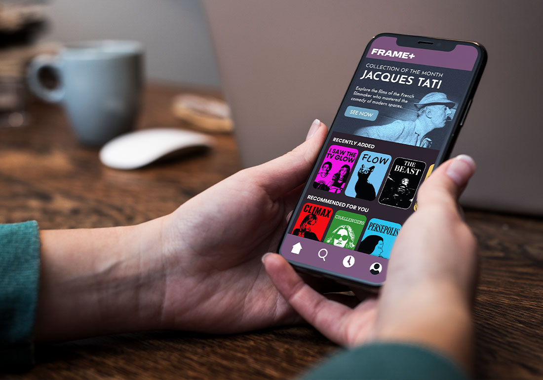 The homepage for Frame+ on a phone