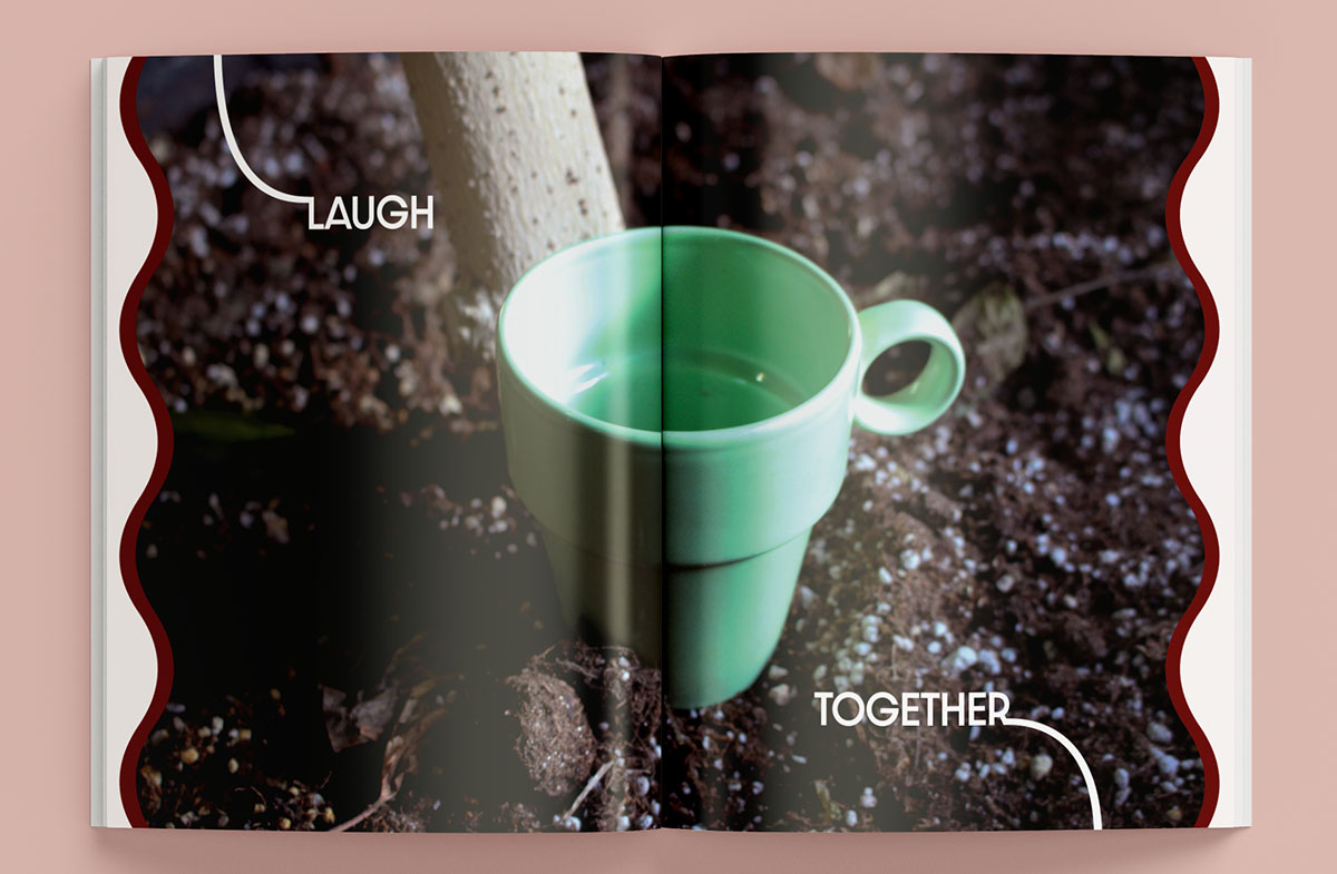 A spread with a photo of a coffee cup in soil