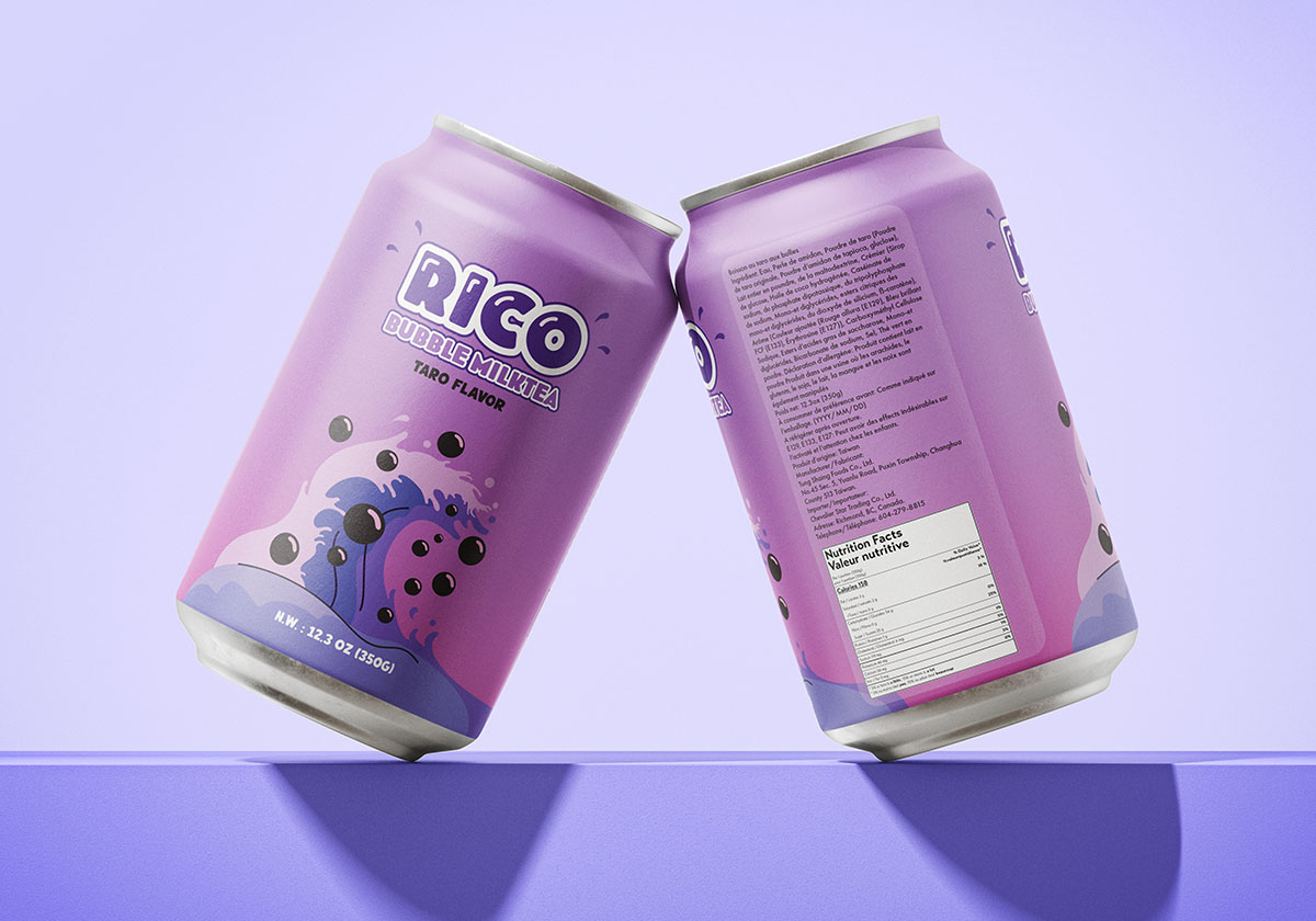 Mockup of the new Rico Bubble MilkTea packaging