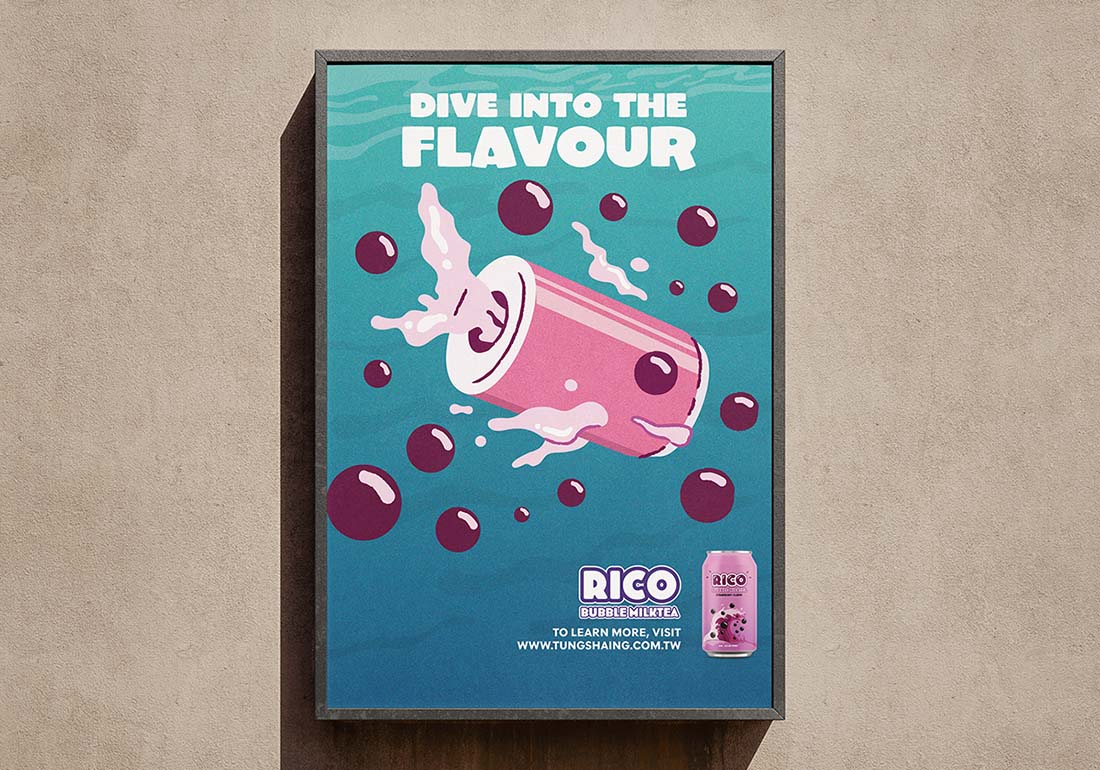 A poster design for Rico Bubble MilkTea with a can as a fish