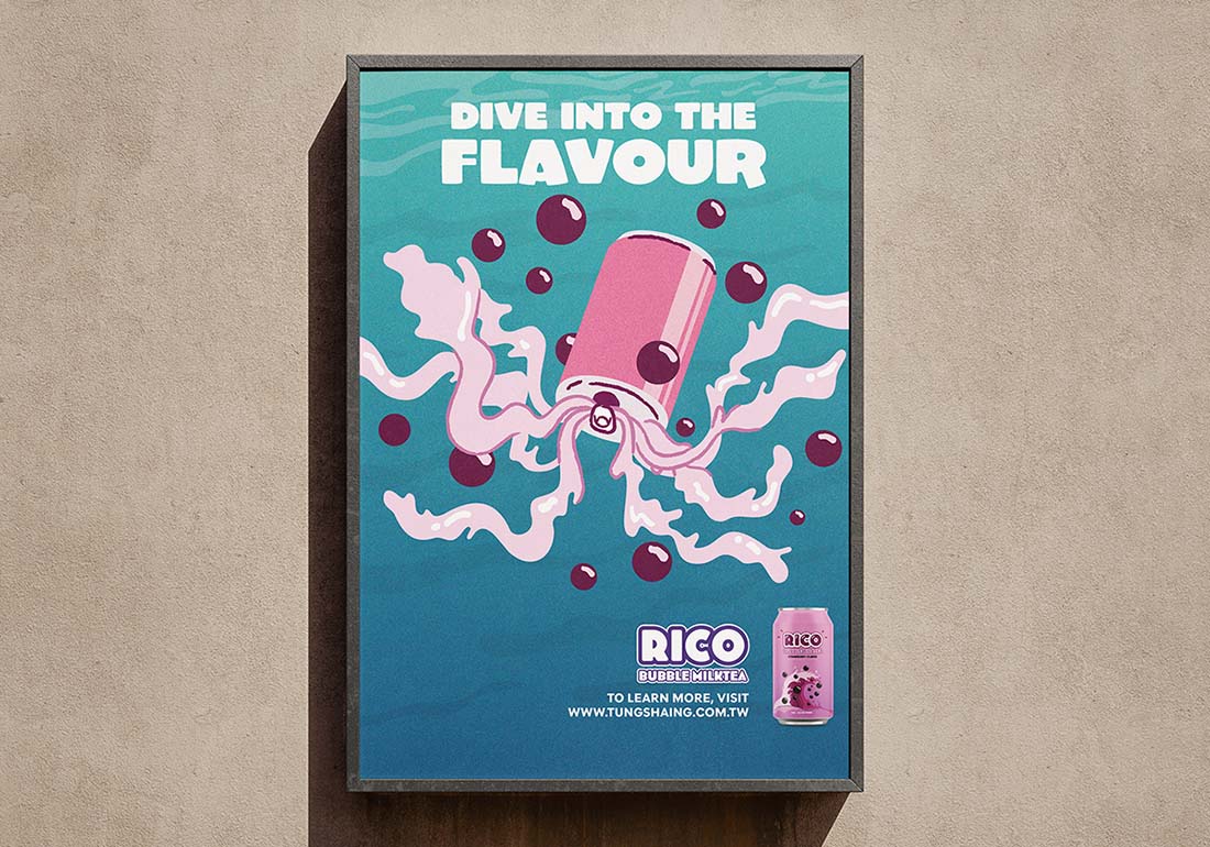 A poster design for Rico Bubble MilkTea with a can as an octopus