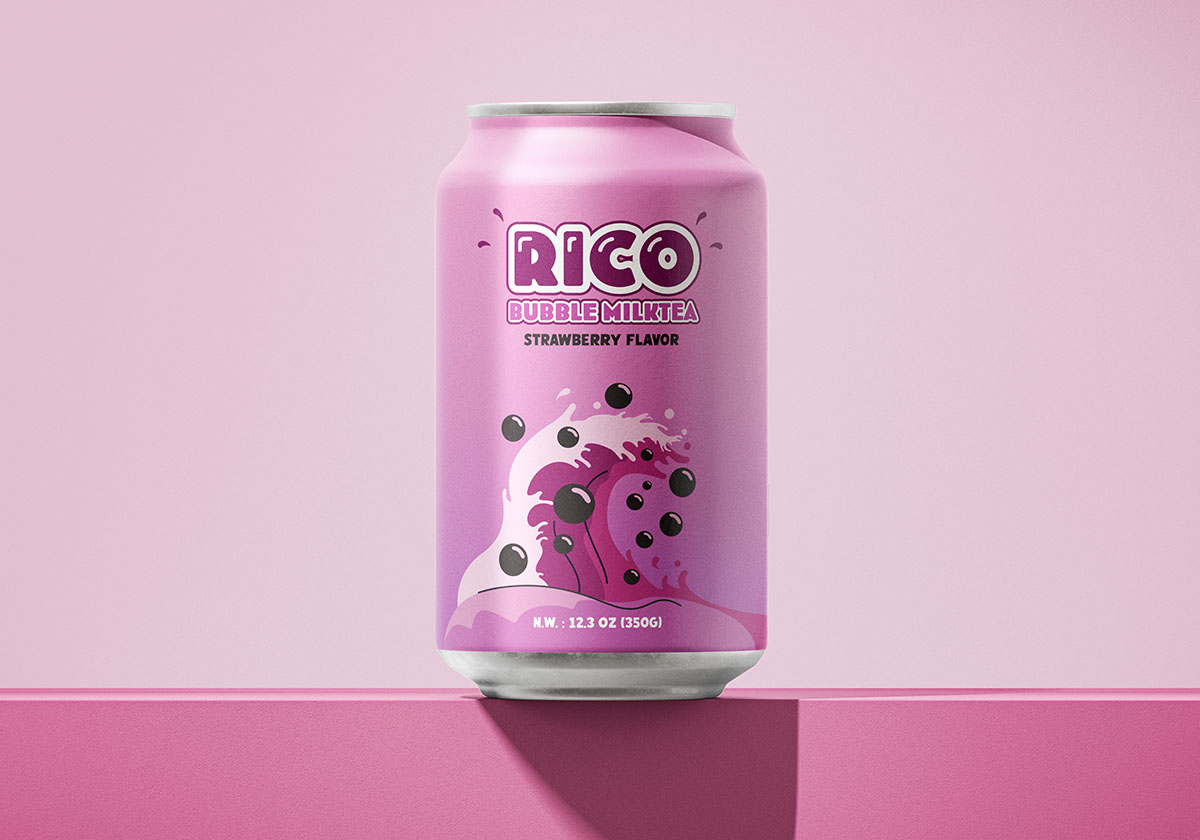 Strawberry variant of the Rico Bubble MilkTea packaging redesign